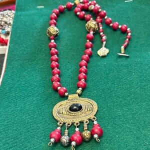 Vintage Unique One Of A Kind Bohemian Red and Gold Beaded Necklace